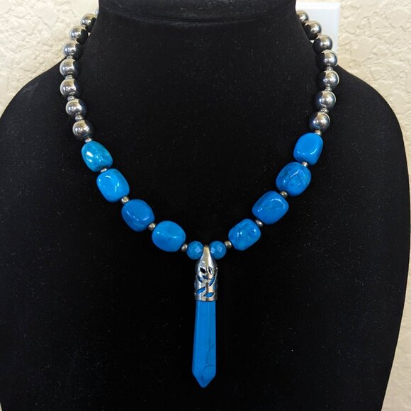 Handmade Jewelry - Southwestern Teal Blue Jasper & Silver Hematite Pendant Statement Necklace